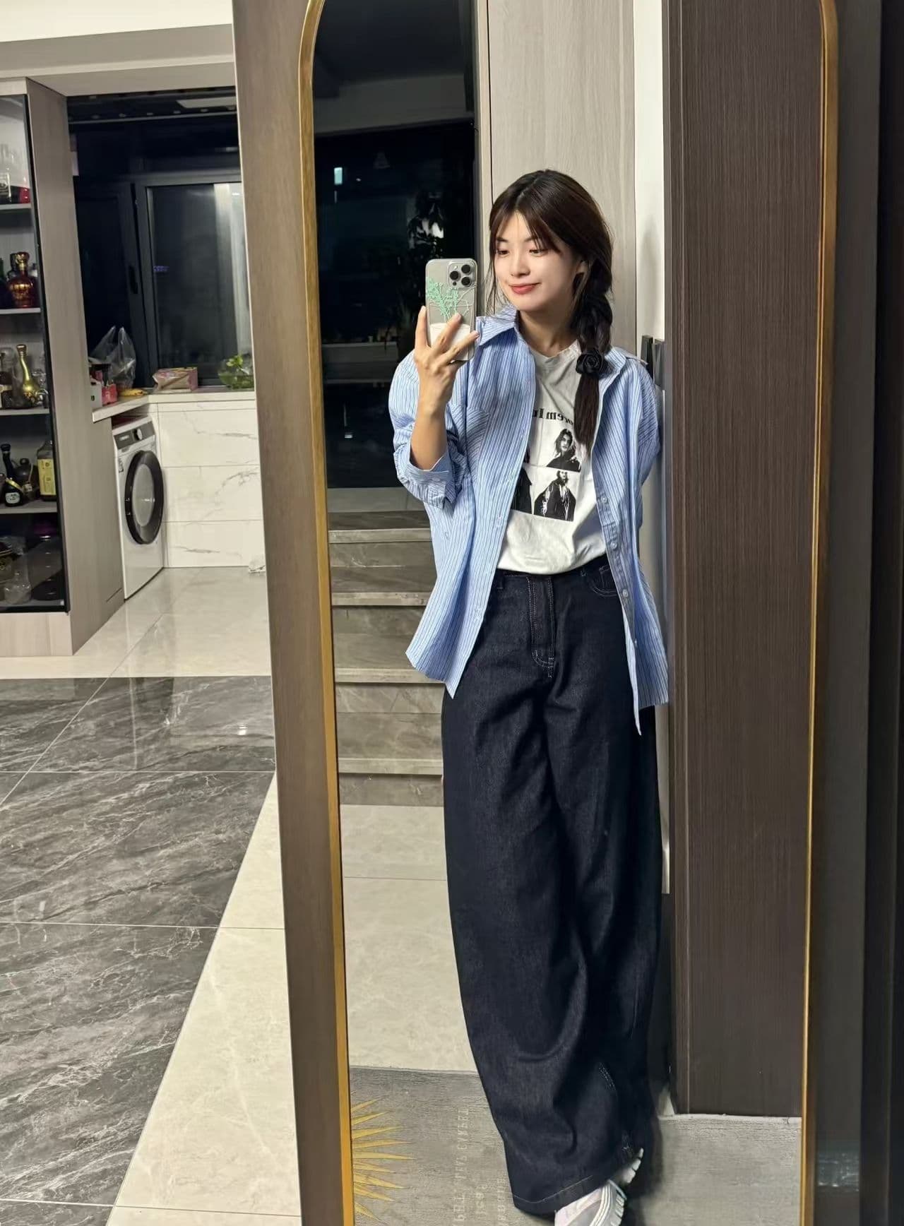 항구 바람 chic 파란색 스트라이프 긴팔 자외선 차단 여성 셔츠 봄 여름 루즈핏 고급 센스 품격 캐주얼 다용도 셔츠 상세 이미지 3