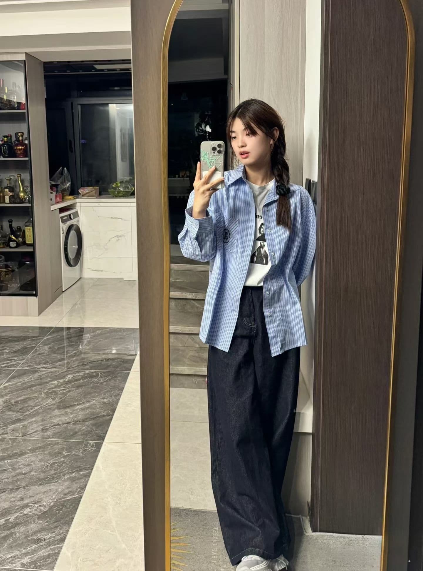 항구 바람 chic 파란색 스트라이프 긴팔 자외선 차단 여성 셔츠 봄 여름 루즈핏 고급 센스 품격 캐주얼 다용도 셔츠 상세 이미지 9