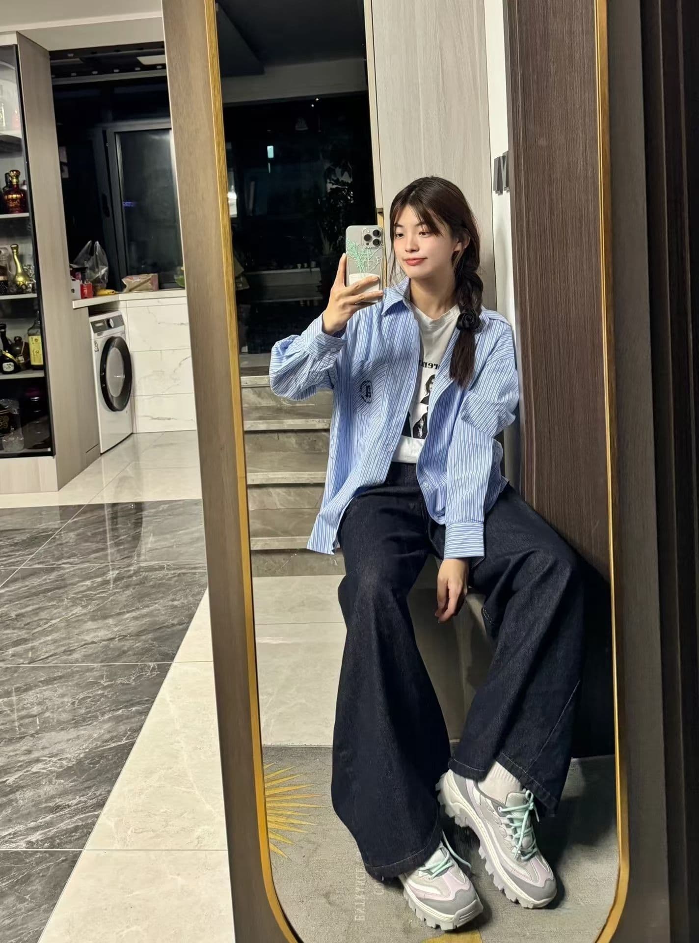 항구 바람 chic 파란색 스트라이프 긴팔 자외선 차단 여성 셔츠 봄 여름 루즈핏 고급 센스 품격 캐주얼 다용도 셔츠 상세 이미지 12