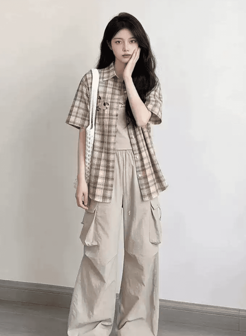아메리칸 재미있는 강아지 수건 자수 체크무늬 반팔 여성 셔츠 여름 루즈핏 캐주얼 셔츠 고유 한 맨위 이미지 2