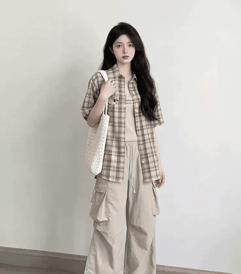아메리칸 재미있는 강아지 수건 자수 체크무늬 반팔 여성 셔츠 여름 루즈핏 캐주얼 셔츠 고유 한 맨위