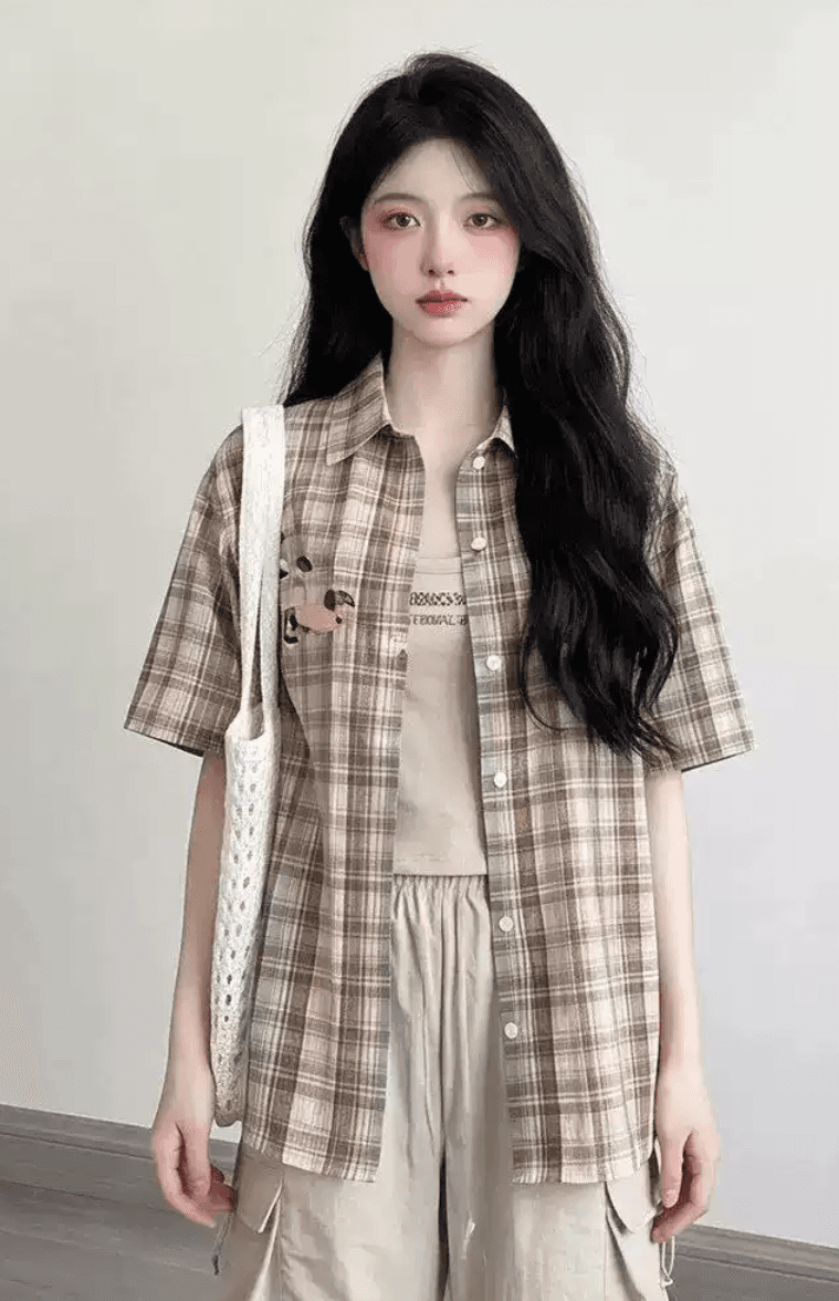 아메리칸 재미있는 강아지 수건 자수 체크무늬 반팔 여성 셔츠 여름 루즈핏 캐주얼 셔츠 고유 한 맨위 상세 이미지 10