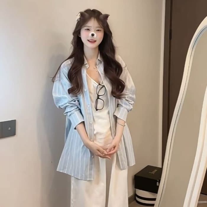 파란색 느긋한 바람 긴팔 여성 셔츠 봄 여름 루즈핏 vintage 자외선 차단 셔츠 고급 센스 아기 코끼리 자수 이미지 4
