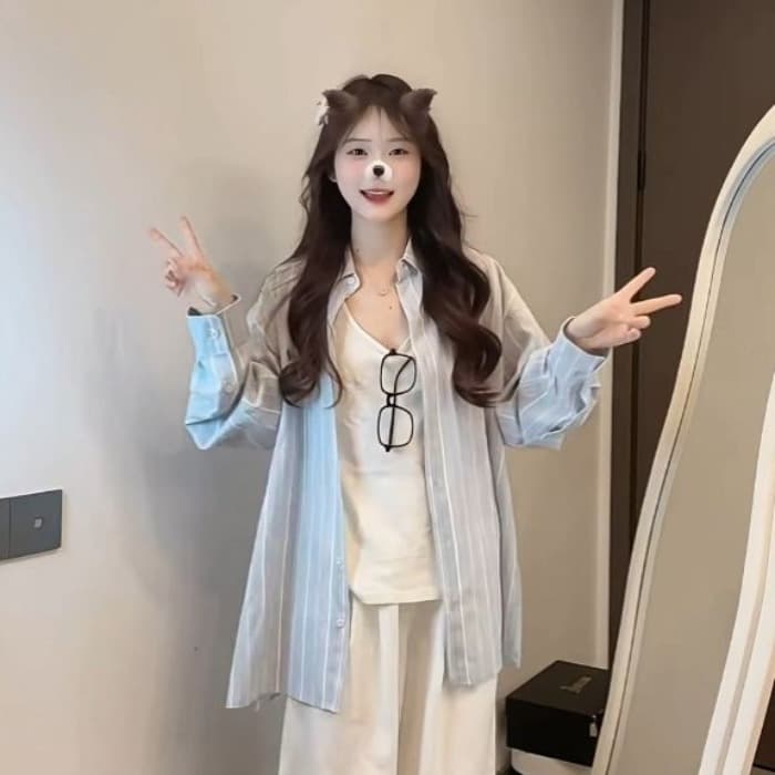 파란색 느긋한 바람 긴팔 여성 셔츠 봄 여름 루즈핏 vintage 자외선 차단 셔츠 고급 센스 아기 코끼리 자수 이미지 3