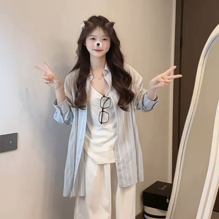 파란색 느긋한 바람 긴팔 여성 셔츠 봄 여름 루즈핏 vintage 자외선 차단 셔츠 고급 센스 아기 코끼리 자수 이미지 2