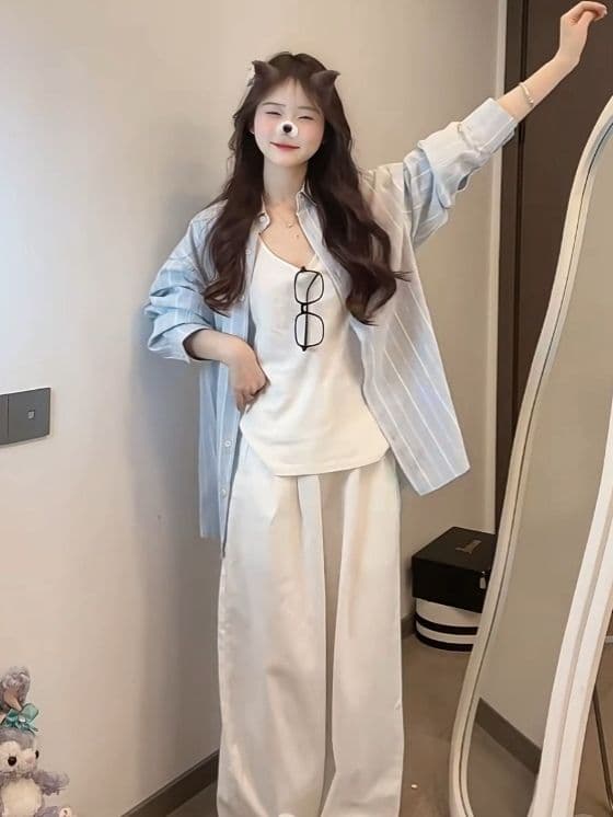 파란색 느긋한 바람 긴팔 여성 셔츠 봄 여름 루즈핏 vintage 자외선 차단 셔츠 고급 센스 아기 코끼리 자수 상세 이미지 7
