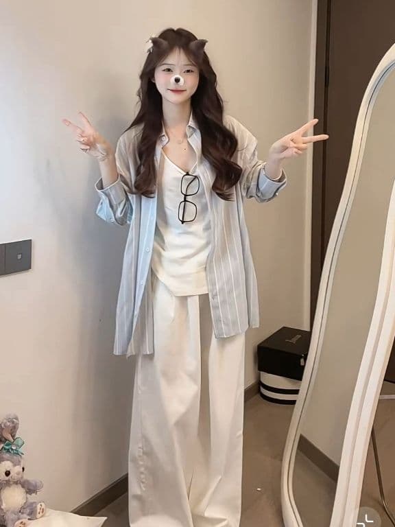 파란색 느긋한 바람 긴팔 여성 셔츠 봄 여름 루즈핏 vintage 자외선 차단 셔츠 고급 센스 아기 코끼리 자수 상세 이미지 8