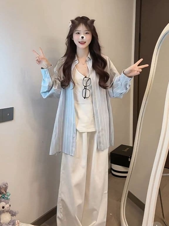 파란색 느긋한 바람 긴팔 여성 셔츠 봄 여름 루즈핏 vintage 자외선 차단 셔츠 고급 센스 아기 코끼리 자수 상세 이미지 9