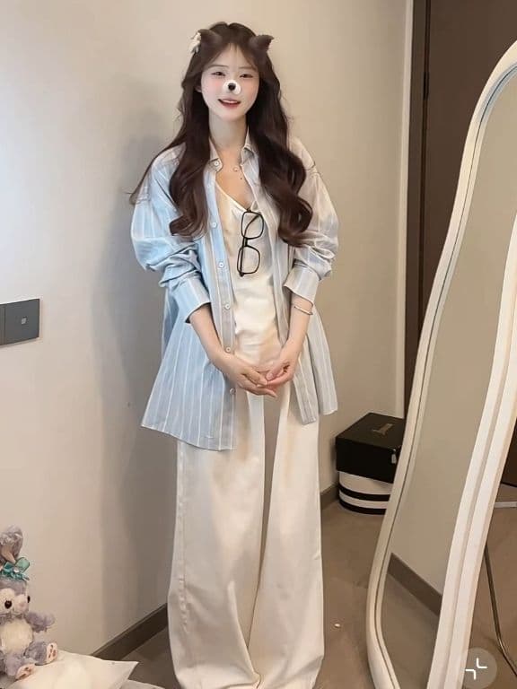 파란색 느긋한 바람 긴팔 여성 셔츠 봄 여름 루즈핏 vintage 자외선 차단 셔츠 고급 센스 아기 코끼리 자수 상세 이미지 11