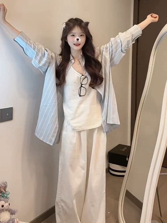 파란색 느긋한 바람 긴팔 여성 셔츠 봄 여름 루즈핏 vintage 자외선 차단 셔츠 고급 센스 아기 코끼리 자수 상세 이미지 12