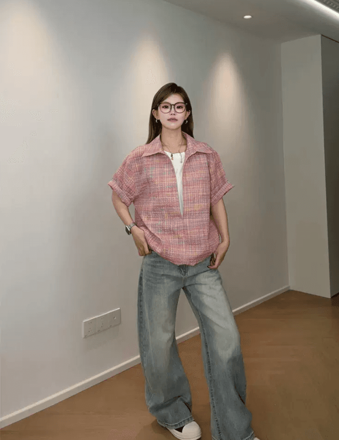 색상 체크무늬 반팔 여성 셔츠 여름 루즈핏 캐주얼 디자인 센스 쿠바 칼라 커플 Seersucker 체크무늬 셔츠 이미지 3