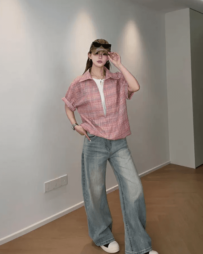 색상 체크무늬 반팔 여성 셔츠 여름 루즈핏 캐주얼 디자인 센스 쿠바 칼라 커플 Seersucker 체크무늬 셔츠 상세 이미지 10