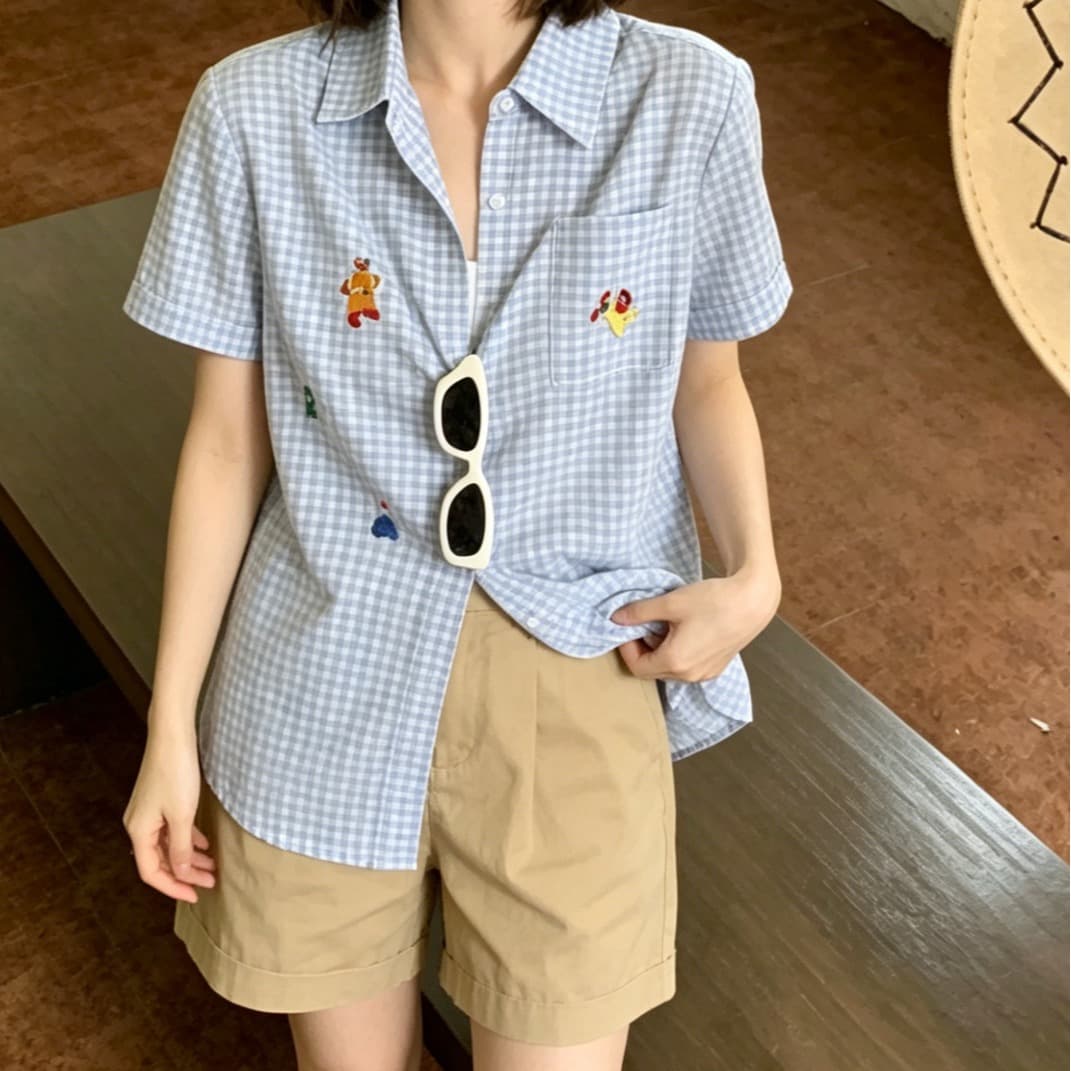 파란색 POLO 칼라 자수 반팔 여성 셔츠 여름 다용도 Chic 체크무늬 셔츠 이미지 5
