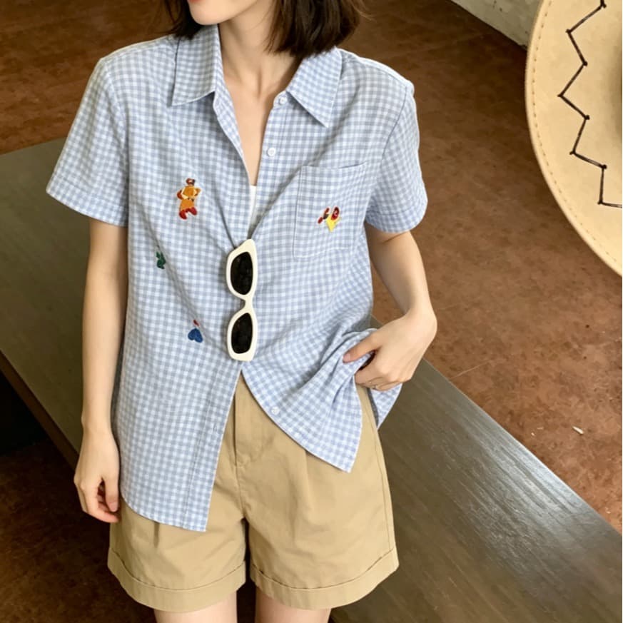 파란색 POLO 칼라 자수 반팔 여성 셔츠 여름 다용도 Chic 체크무늬 셔츠 이미지 3