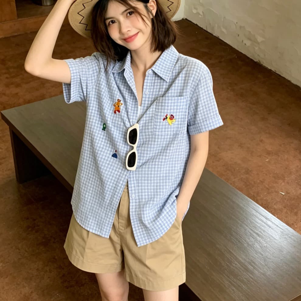 파란색 POLO 칼라 자수 반팔 여성 셔츠 여름 다용도 Chic 체크무늬 셔츠 이미지 2