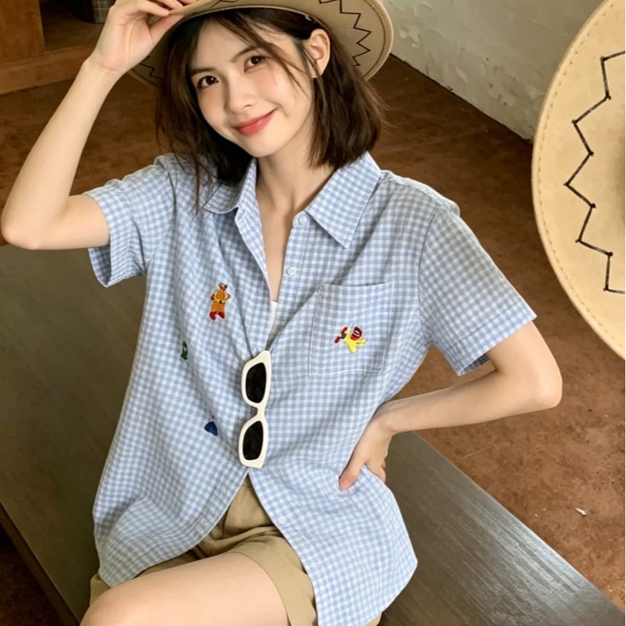 파란색 POLO 칼라 자수 반팔 여성 셔츠 여름 다용도 Chic 체크무늬 셔츠