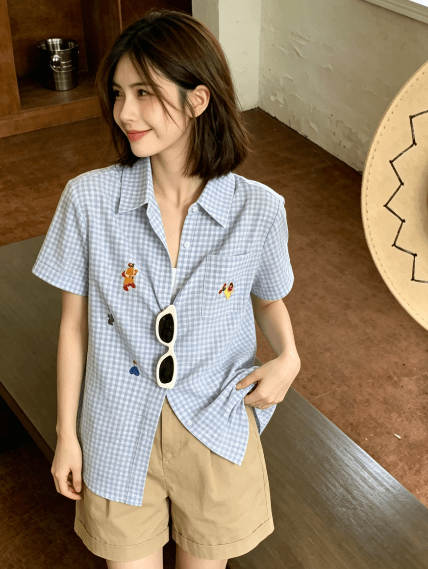 파란색 POLO 칼라 자수 반팔 여성 셔츠 여름 다용도 Chic 체크무늬 셔츠 상세 이미지 8
