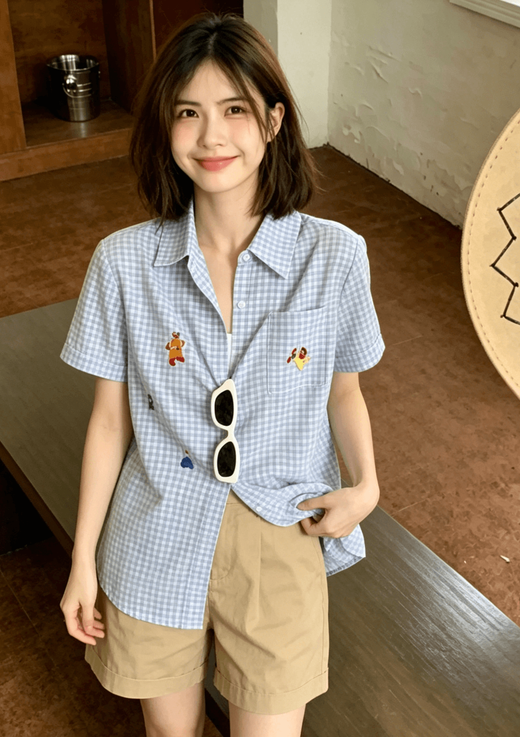 파란색 POLO 칼라 자수 반팔 여성 셔츠 여름 다용도 Chic 체크무늬 셔츠 상세 이미지 9