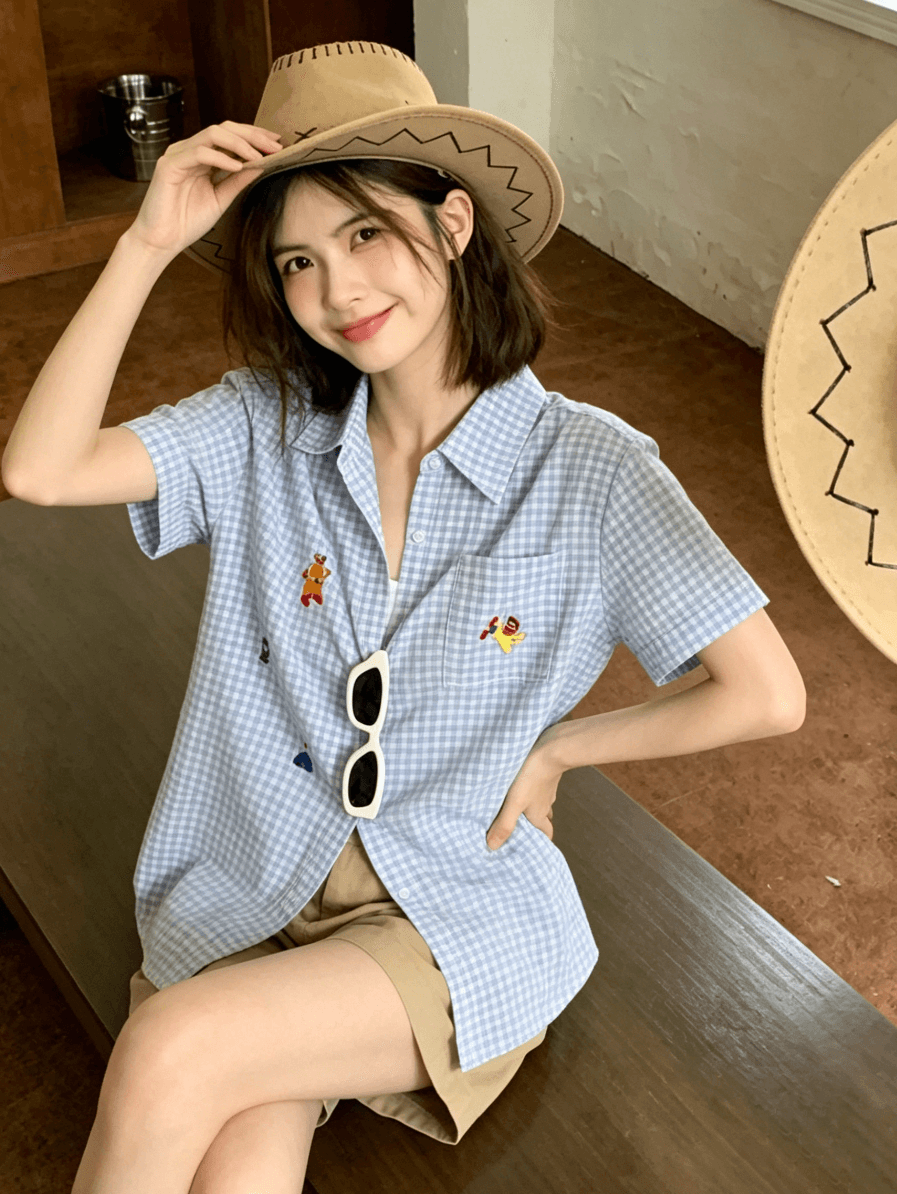 파란색 POLO 칼라 자수 반팔 여성 셔츠 여름 다용도 Chic 체크무늬 셔츠 상세 이미지 11