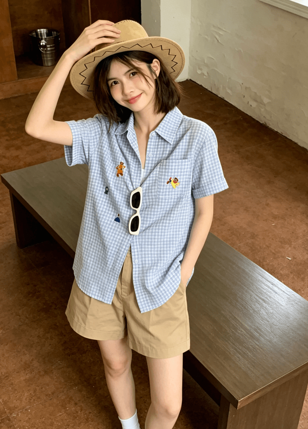 파란색 POLO 칼라 자수 반팔 여성 셔츠 여름 다용도 Chic 체크무늬 셔츠 상세 이미지 12