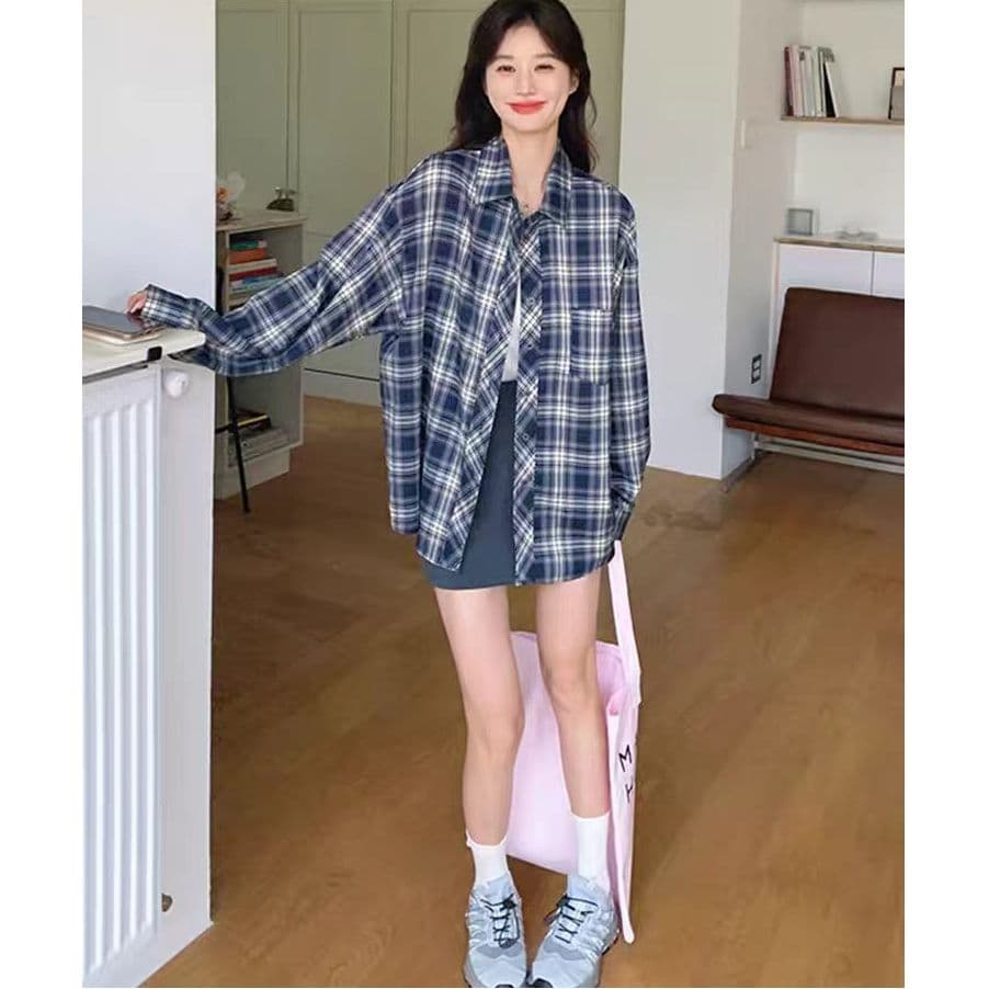 격자 무늬 셔츠 여성 코트 2026 봄과 가을 루즈핏 느긋한 커플 섹션 캐주얼 긴팔 셔츠 외부 가져 가라. ins 트렌디 이미지 4