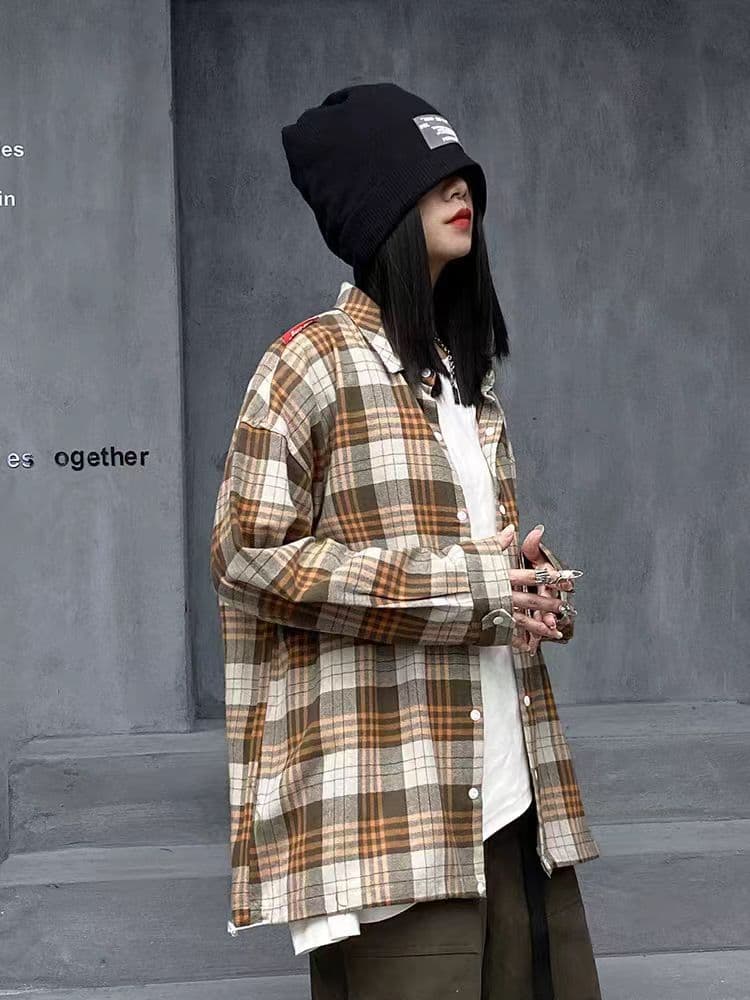 레트로 chic 고급 카키 색 격자 무늬 셔츠 여성 코트 가을과 겨울 한 부서 느긋한 바람 긴팔 셔츠 외출용 이미지 2