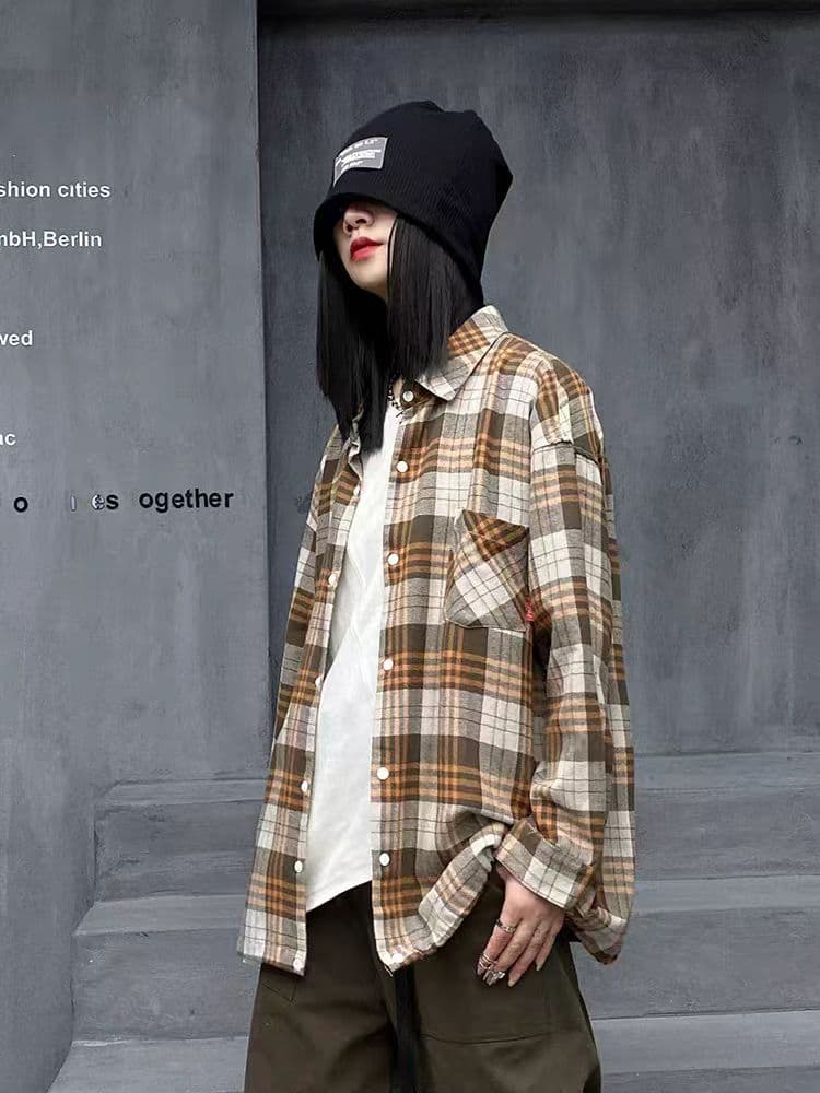 레트로 chic 고급 카키 색 격자 무늬 셔츠 여성 코트 가을과 겨울 한 부서 느긋한 바람 긴팔 셔츠 외출용 이미지 4