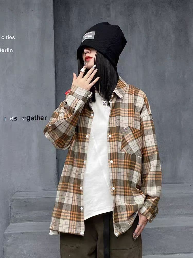 레트로 chic 고급 카키 색 격자 무늬 셔츠 여성 코트 가을과 겨울 한 부서 느긋한 바람 긴팔 셔츠 외출용 상세 이미지 3