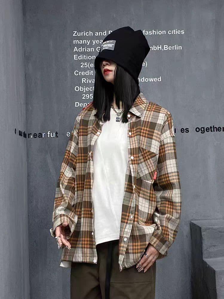 레트로 chic 고급 카키 색 격자 무늬 셔츠 여성 코트 가을과 겨울 한 부서 느긋한 바람 긴팔 셔츠 외출용 상세 이미지 10