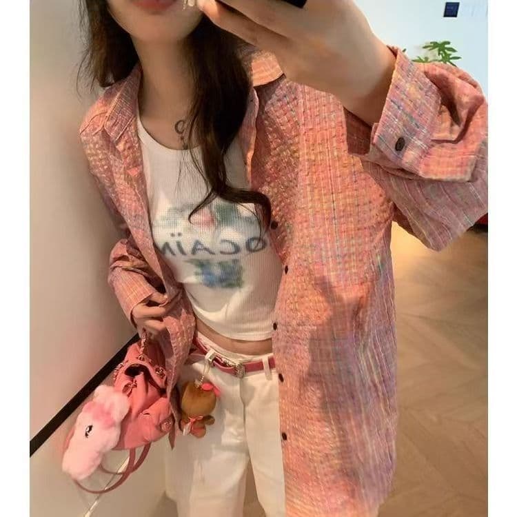 아메리칸 레트로 핑크색 체크무늬 소녀 센스 셔츠 여성 코트 봄 가을 캐주얼 한 부서 chic 홍콩 느낌 맨위 재킷 상세 이미지 9