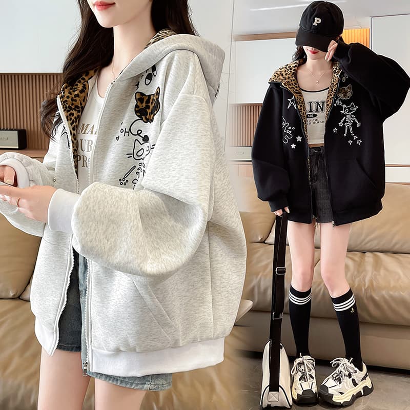 아메리칸 레트로 귀여운 만화 고양이 프린트 후드 오픈 가디건 후드티 대 어린이 중학교 고등학생 루즈핏 재킷 이미지 2