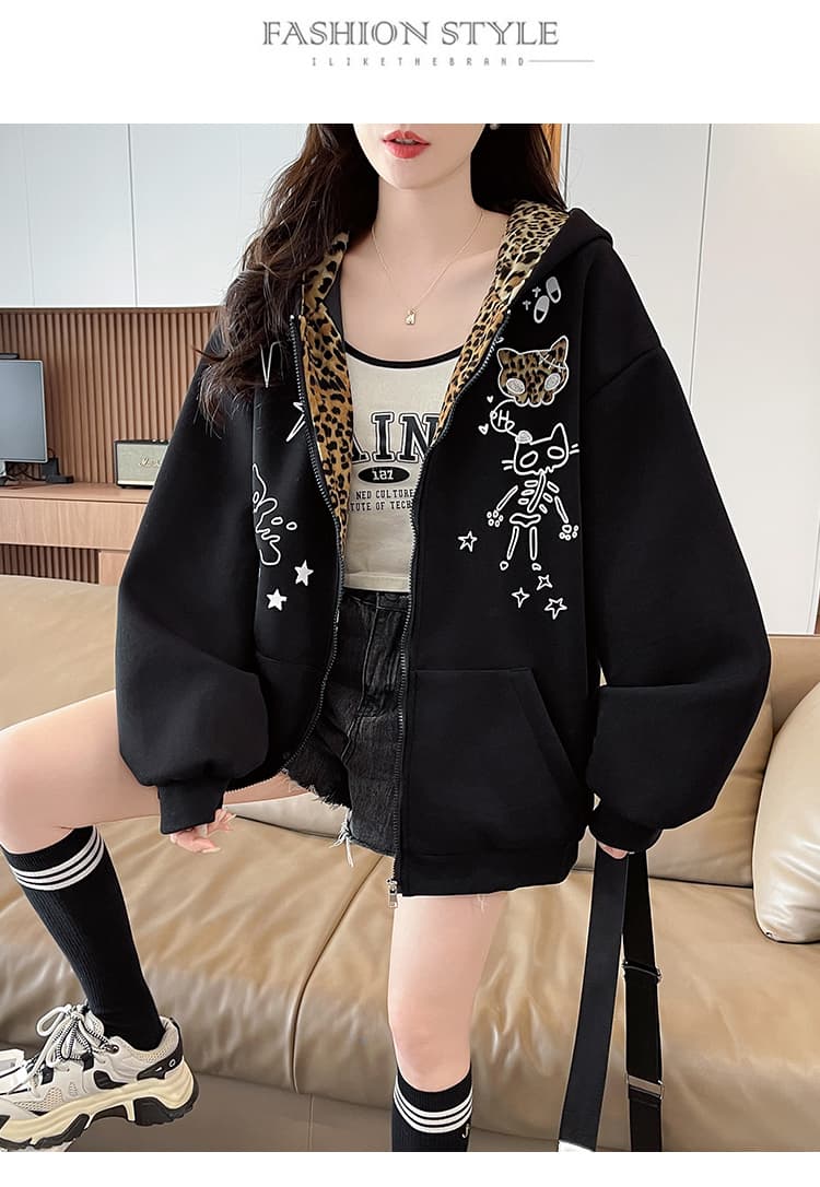 아메리칸 레트로 귀여운 만화 고양이 프린트 후드 오픈 가디건 후드티 대 어린이 중학교 고등학생 루즈핏 재킷 상세 이미지 11