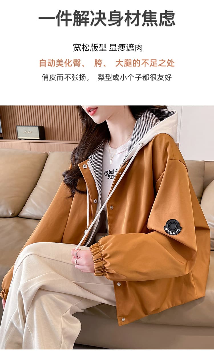 페이크 레이어드 배색 체크무늬 패치워크 자켓 새로운 루즈핏 후드 봄 가을 재킷 야외 워크웨어 재킷 맨위 상세 이미지 5