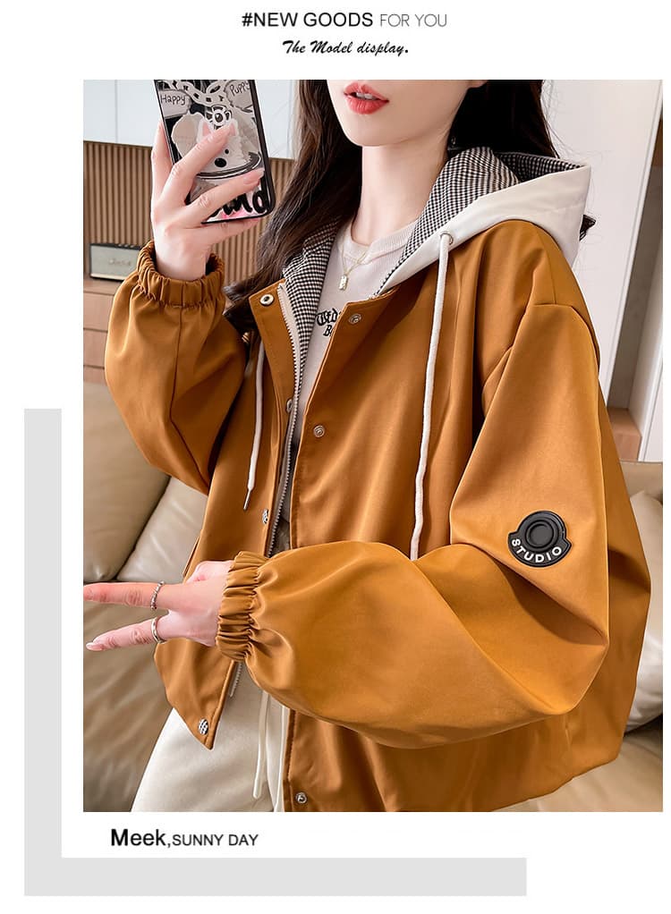 페이크 레이어드 배색 체크무늬 패치워크 자켓 새로운 루즈핏 후드 봄 가을 재킷 야외 워크웨어 재킷 맨위 상세 이미지 23