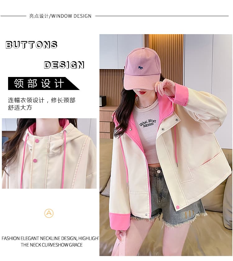 디자인 센스 배색 패치워크 워크웨어 짧은 여성 코트 가을 2026 새로운 패션 후드 자켓 재킷 맨위 상세 이미지 4