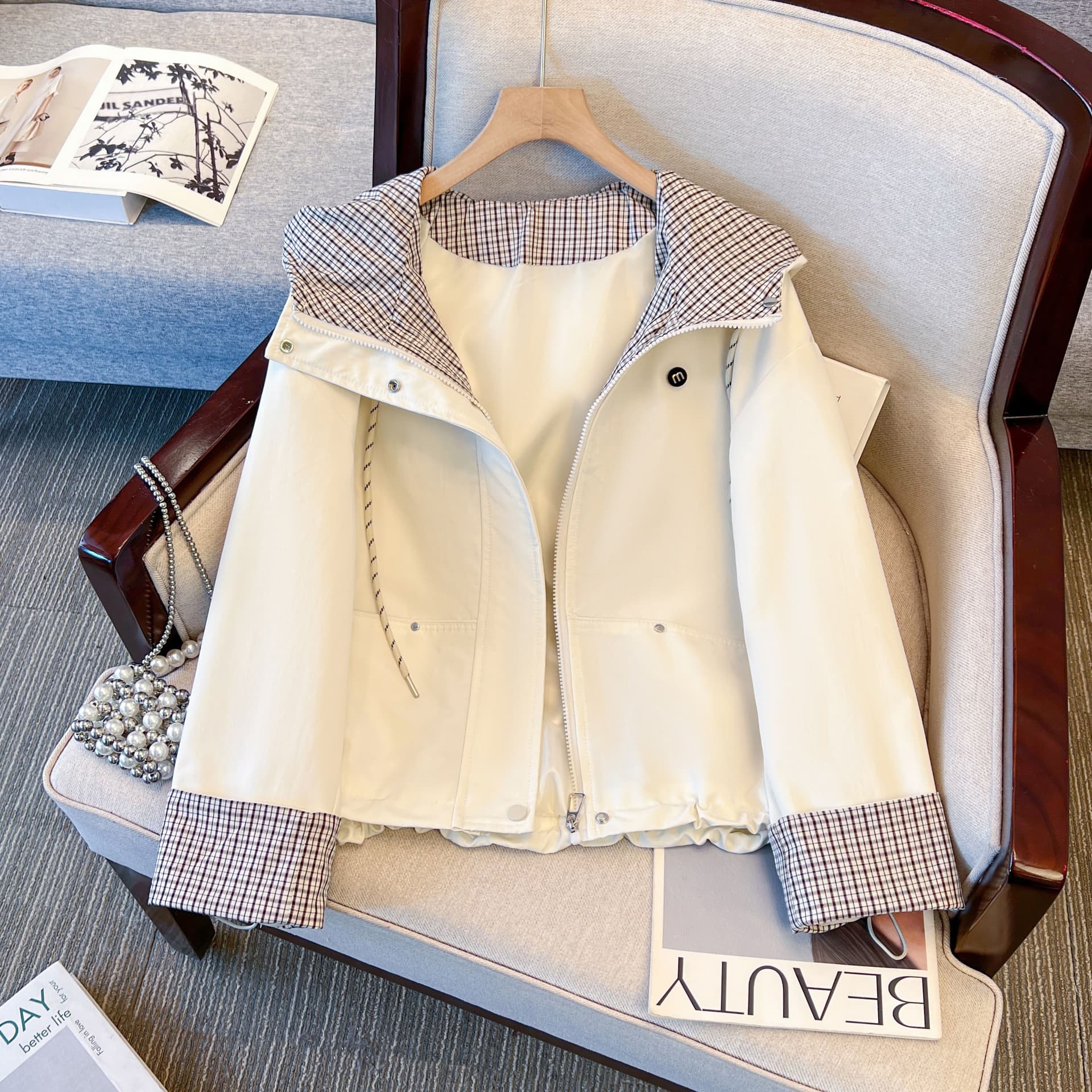 고급 쇼트 스타일 펌프 로프 후드 바람막이 여성 코트 새로운 봄 가을 작은 키 루즈핏 캐주얼 재킷 맨위 상세 이미지 18