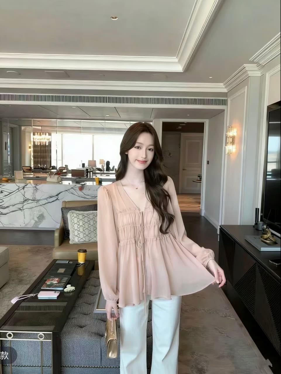 이른 봄 한 부서 품격 주름 V넥 레이스업 작은 셔츠 d1320