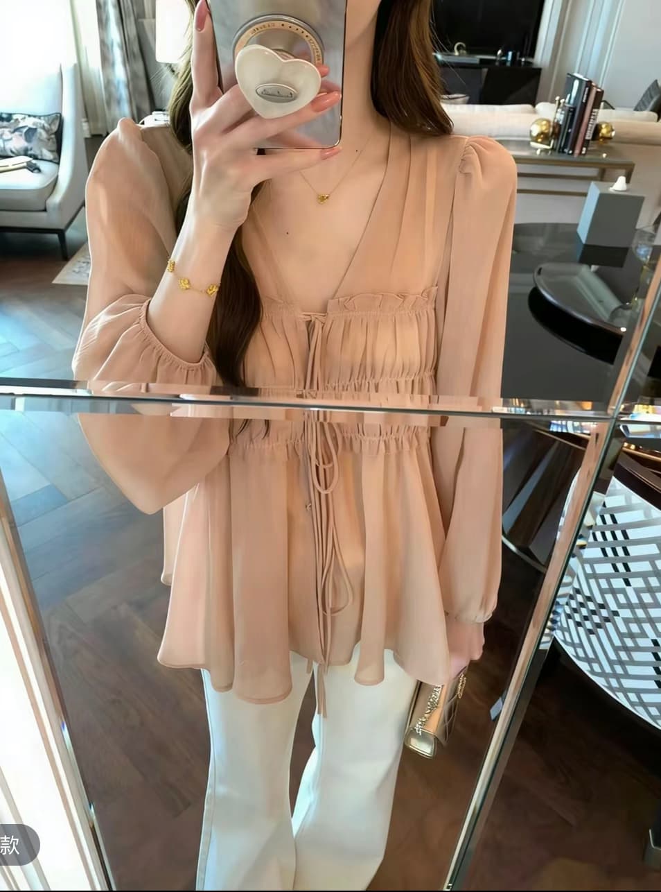 이른 봄 한 부서 품격 주름 V넥 레이스업 작은 셔츠 d1320 이미지 2