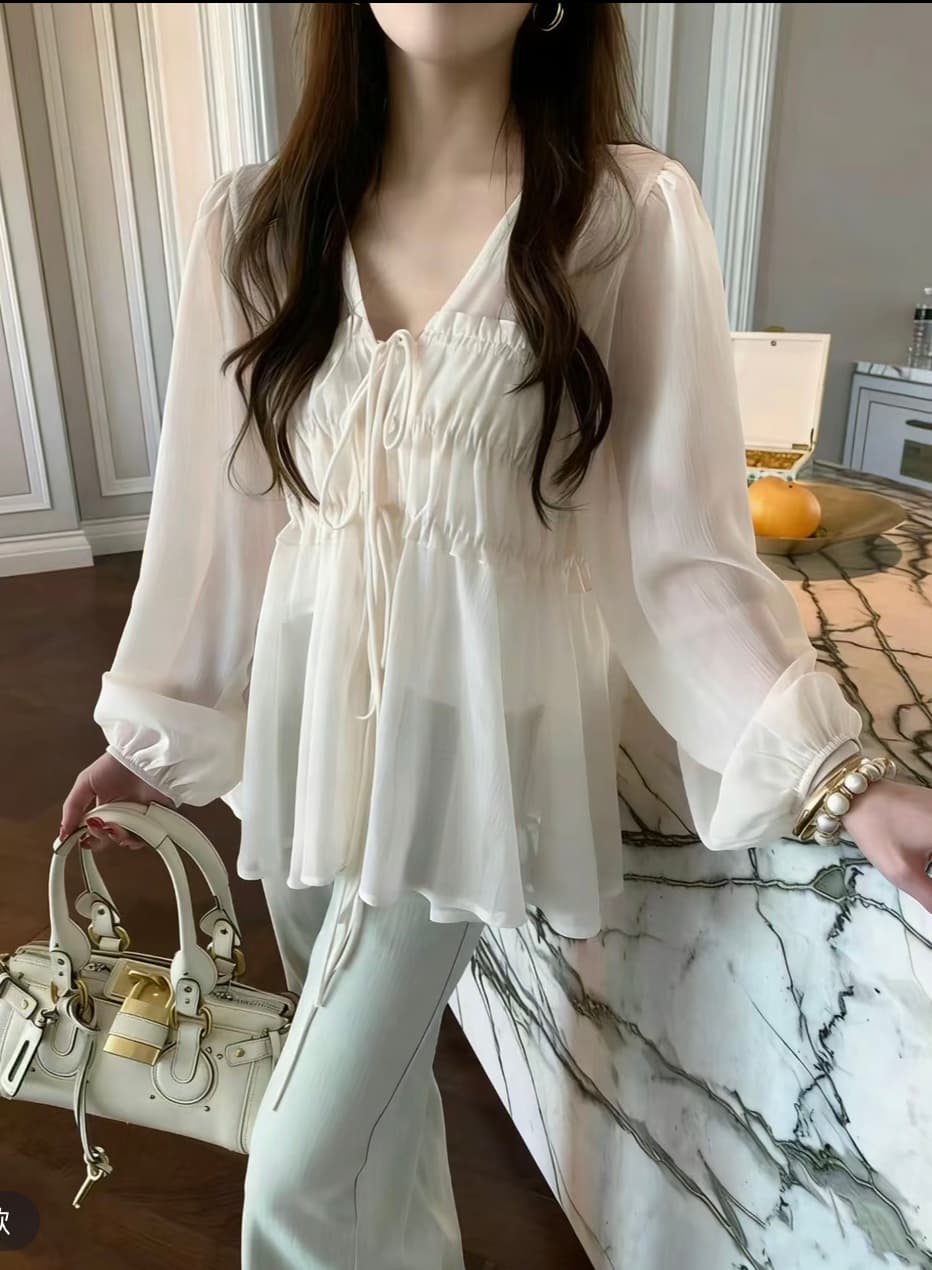 이른 봄 한 부서 품격 주름 V넥 레이스업 작은 셔츠 d1320 이미지 3