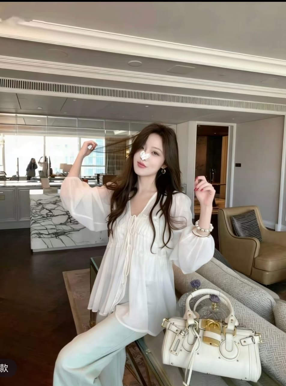 이른 봄 한 부서 품격 주름 V넥 레이스업 작은 셔츠 d1320 이미지 4
