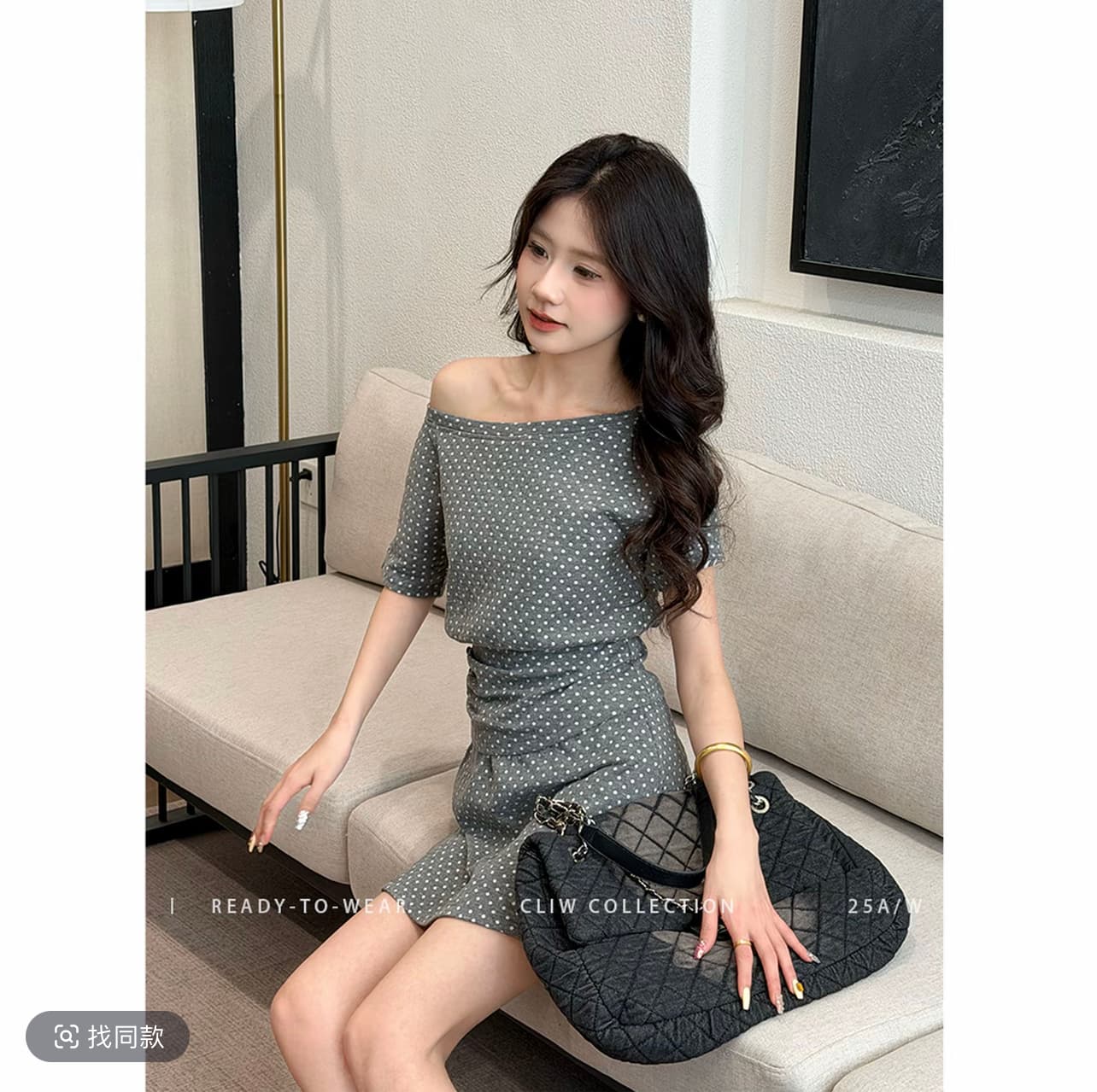 까이 까이 떠 다니는 먼지 가을 그림자 작은 키 봄 여름 캐주얼 바람 슬림해 보이는 주름 맨위 디스플레이 높음 미니 스커트 도트 무늬 투피스 세트