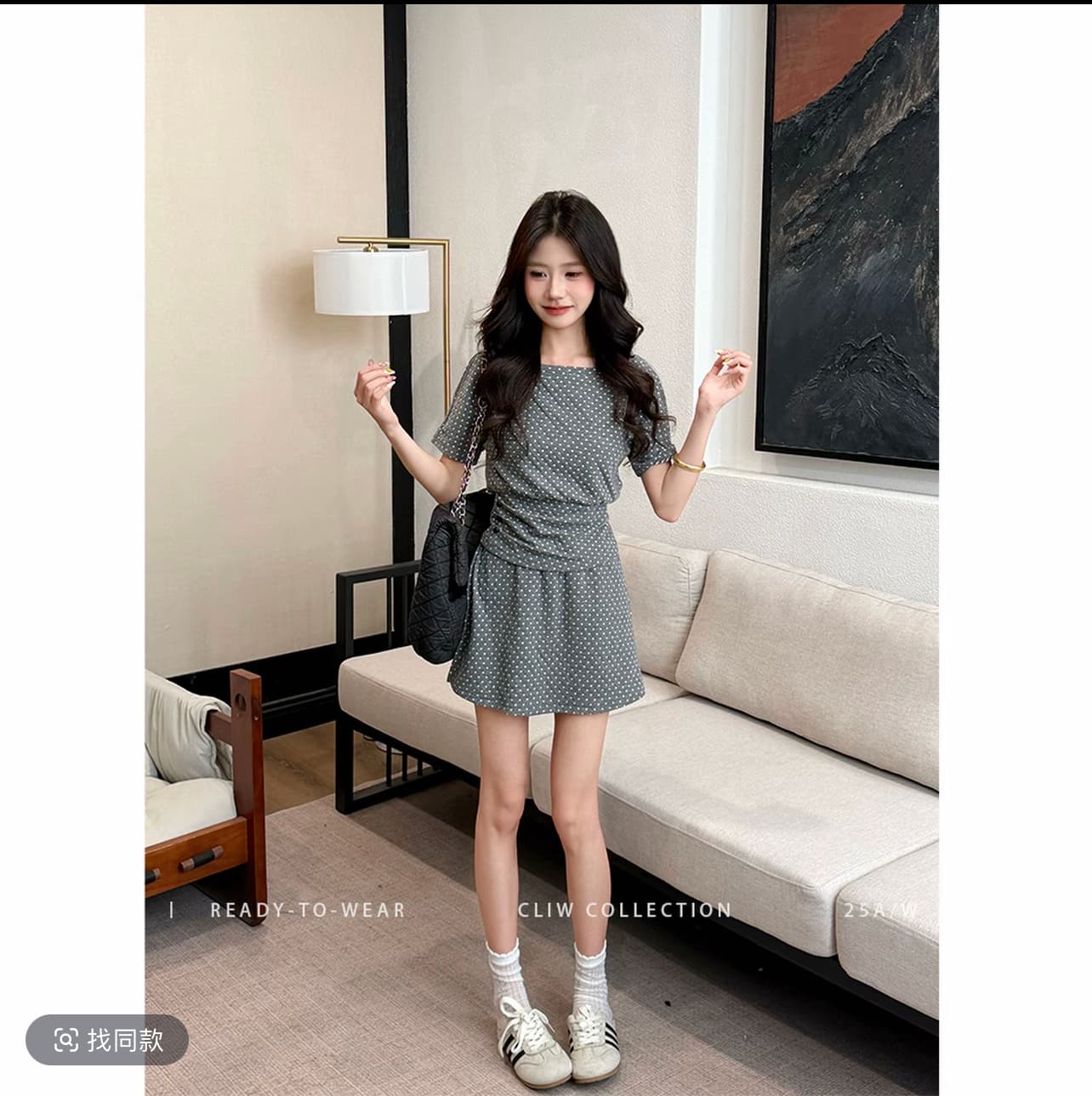 까이 까이 떠 다니는 먼지 가을 그림자 작은 키 봄 여름 캐주얼 바람 슬림해 보이는 주름 맨위 디스플레이 높음 미니 스커트 도트 무늬 투피스 세트 이미지 2