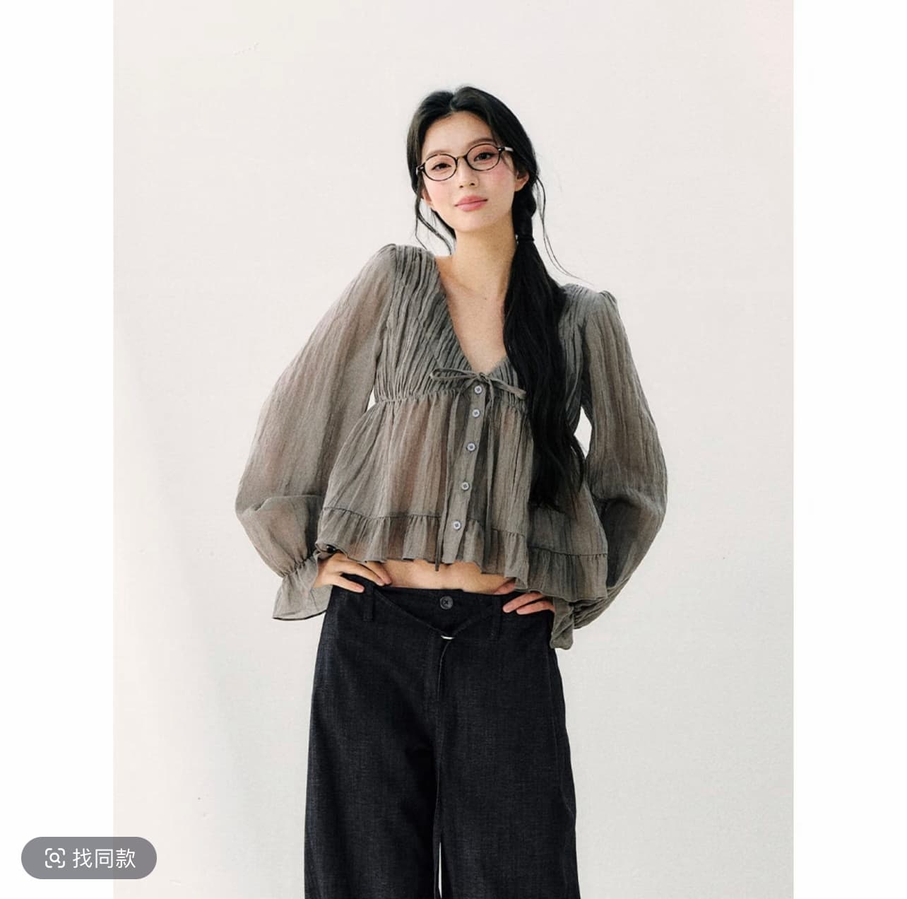 이른 가을 새로운 디자인 센스 스트랩 이중층 프릴 슬림해 보이는 V넥 긴팔 쉬폰 블라우스 맨위 이미지 2