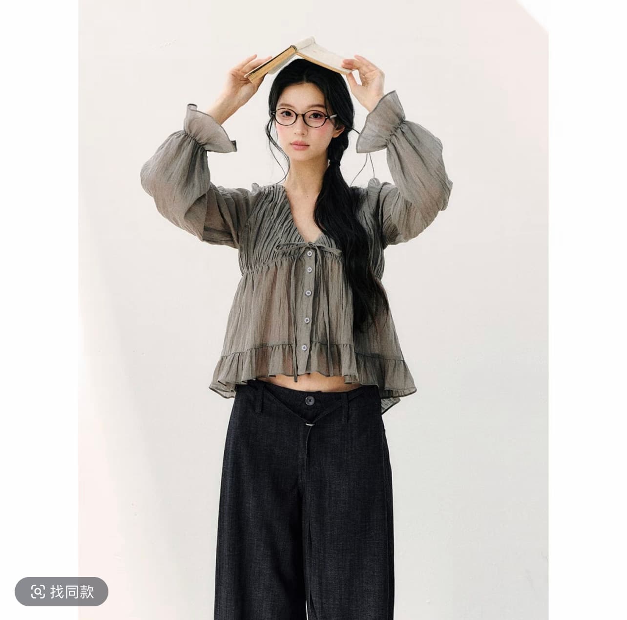 이른 가을 새로운 디자인 센스 스트랩 이중층 프릴 슬림해 보이는 V넥 긴팔 쉬폰 블라우스 맨위 이미지 4