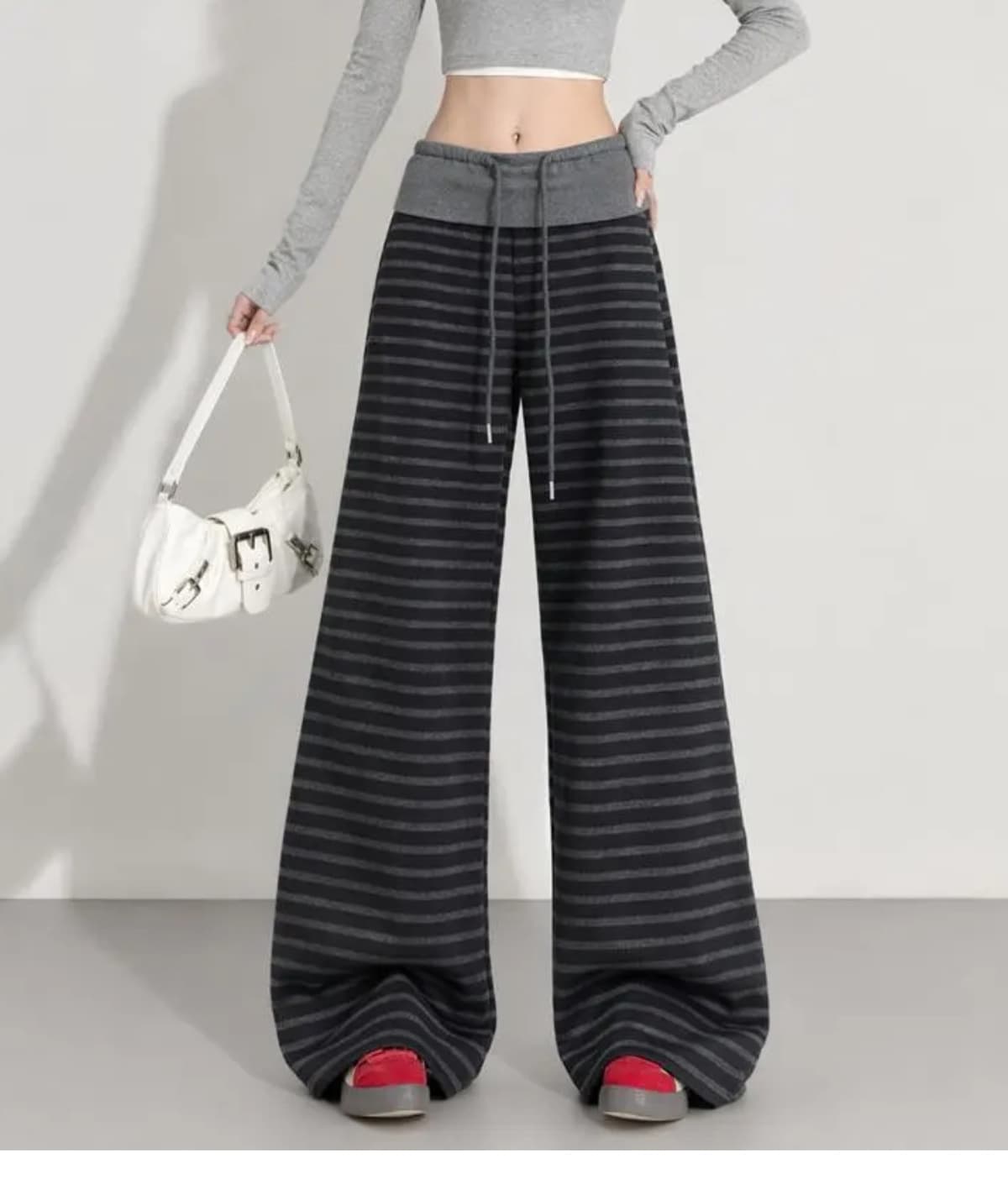 임산부 스트라이프 와이드 레그 팬츠 2026 가을 겨울 새로운 외출용 아메리칸 루즈핏 디스플레이 슬림 폭탄 펌프 로프 캐주얼 긴 바지 여성 상세 이미지 4