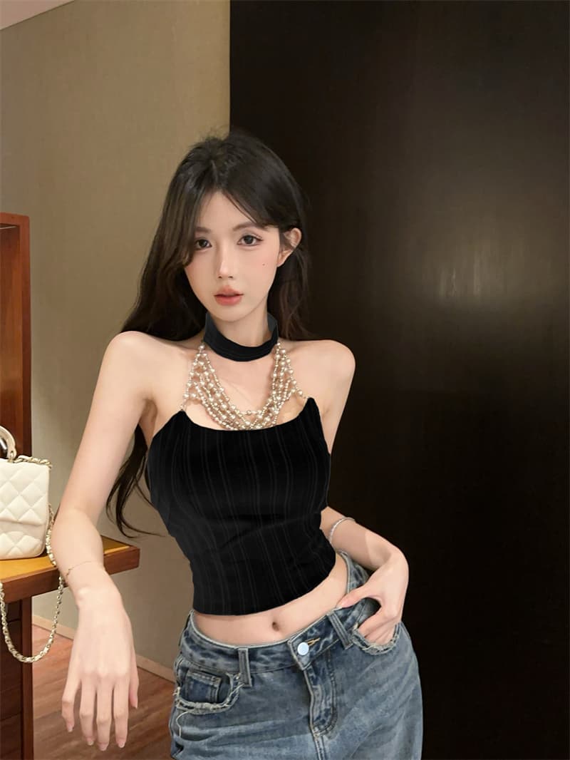 실사 스트라이프 체인 행침 목 캐미솔 여름 쇼트 스타일 몸매 가꾸기 섹시함 핫걸 백리스 맨위 이미지 4