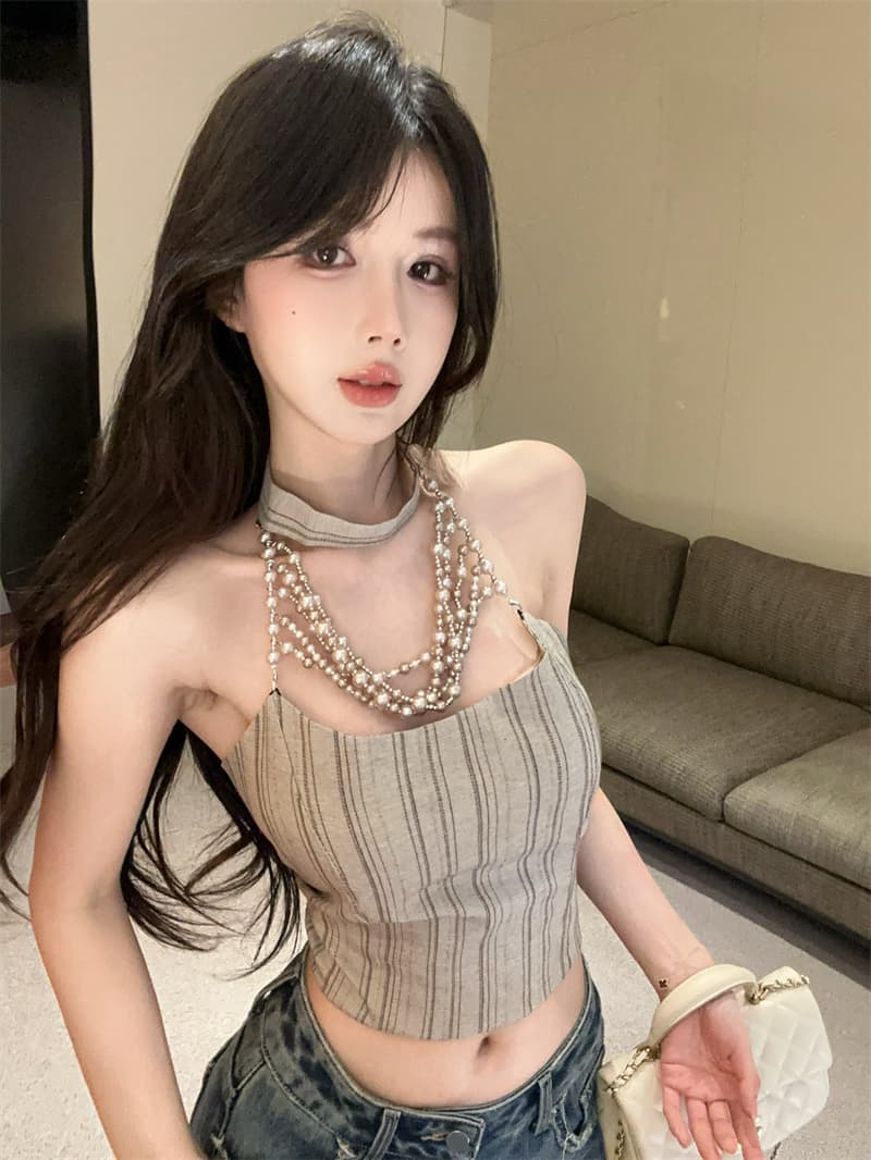 실사 스트라이프 체인 행침 목 캐미솔 여름 쇼트 스타일 몸매 가꾸기 섹시함 핫걸 백리스 맨위 상세 이미지 2