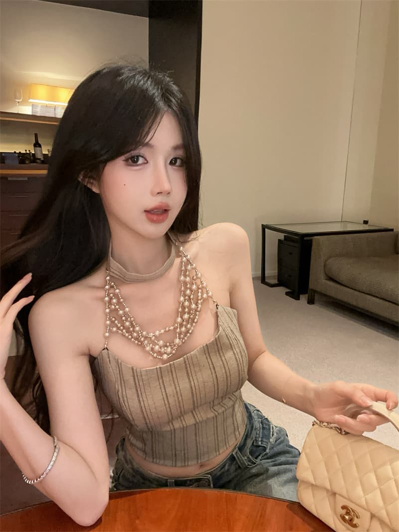 실사 스트라이프 체인 행침 목 캐미솔 여름 쇼트 스타일 몸매 가꾸기 섹시함 핫걸 백리스 맨위 상세 이미지 6