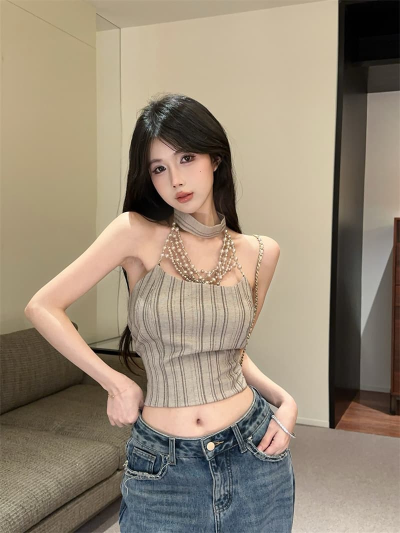 실사 스트라이프 체인 행침 목 캐미솔 여름 쇼트 스타일 몸매 가꾸기 섹시함 핫걸 백리스 맨위 상세 이미지 10