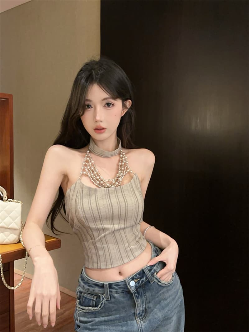 실사 스트라이프 체인 행침 목 캐미솔 여름 쇼트 스타일 몸매 가꾸기 섹시함 핫걸 백리스 맨위 상세 이미지 12